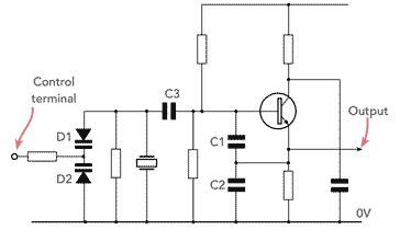 Circuit diagram of a typical voltage controlled crystal oscillator, VCXO