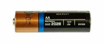 A typical AA sized alkaline manganese dioxide battery cell