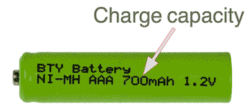 The charge capacity os sometimes shown on rechargeable cells and batteries. It is less widely seen on non-rechargeable or primary cells and batteries