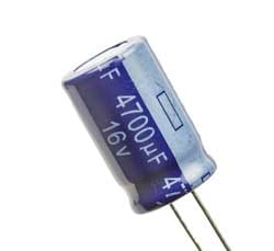 Leaded aluminium electrolytic capacitor showing the negative connection marking.