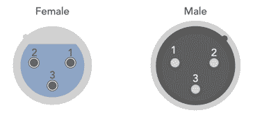 Standard connection pinout for a 3 pin XLR connector showing male XLR plug and female XLR socket