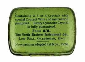 Image of the advertising words used on the back of a tin used when selling crystals  for antique radio sets | www.electronics-radio.com