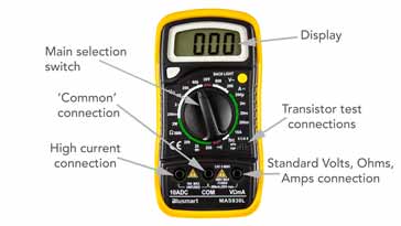 Digital multimeter showing the controls & connections including the transistor connections for Hfe measurements