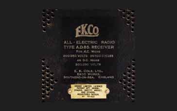 EKCO AD65 antique radio specifications as they appear on rear panel