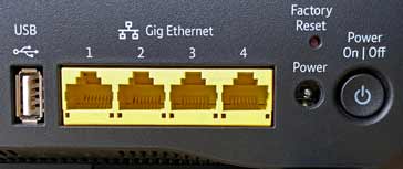 Rear of typical small router for use in home local area networks showing connections and marking for 1 Gb Ethernet