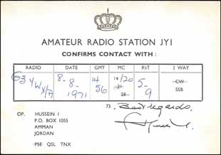 The back of a QSL card confirming  contact with King Hussein of Jordan who held the callsign JY1 showing the contact details