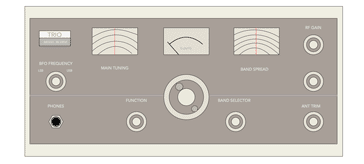 Front panel of the Trio 9R-59DE showing the controls: tuning, RF & IF gain, antenna trim, BFO, function/mode