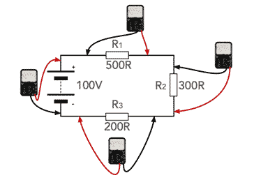 Circuit example for Kirchoff's Voltage Law showing a simple circuit loop with the measurement of the different voltages
