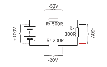 Voltages and polarities for simple circuit to demonstrate Kirchoff's Voltage Law