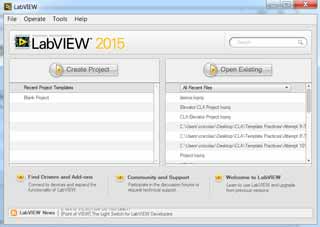 The LabVIEW page seen on opening the programme