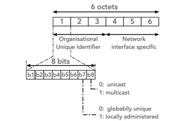 Format of MAC address used in Ethernet frame for sending data over local area network, wide area network, etc