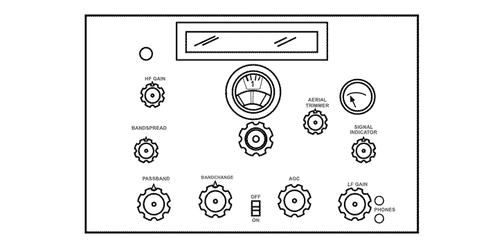 Marconi CR150 radio receiver front panel diagram showing the front panel controls.