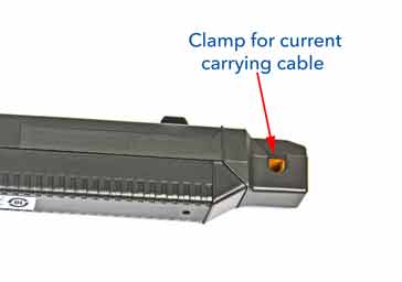 Close up of the cable camp on the oscilloscope current probe