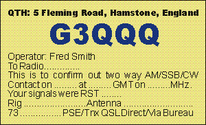 The format of a basic QSL card showing some of the essential information required