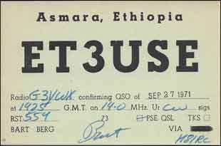 Old QSL card sent from ET3USE to G3YWX via a QSL manager for contact on 27 Sept 1971