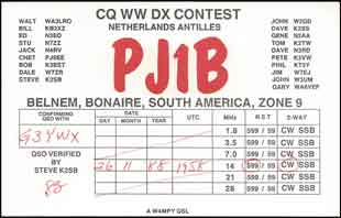 Old vintage QSL card sent from PJ1B to G3YWX for contact on 26 November 1988