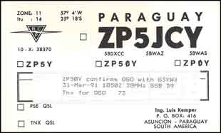 A  QSL card showing the ham radio call sign ZP50Y used in a contest.
