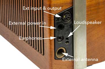 Tandberg TP41 external connections block showing connectors for auxiliary input / output. external power input, external loudspeaker and external antenna - it is a classic vintage radio / antique radio