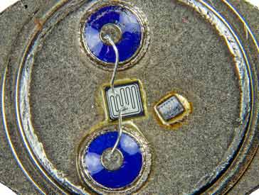 Close in view of 2N3055 silicon die showing the actual pattern on the surface of the silicon