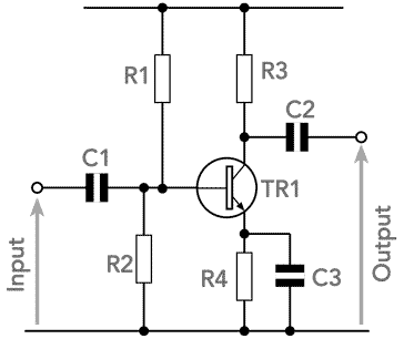 Circuit of a basic common emitter transistor amplifier showing the associated electronic components including resistors an capacitors