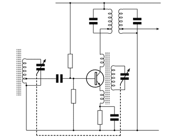 RF front end circuit from a transistor radio consisting of self oscillating RF mixer - it can be seen that it uses comparatively few components for all the functions it performs.