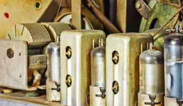 Inside the back of a vintage 1950s valve or vacuum tube radio