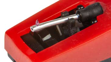 Close-up of a vinyl record cartridge stylus